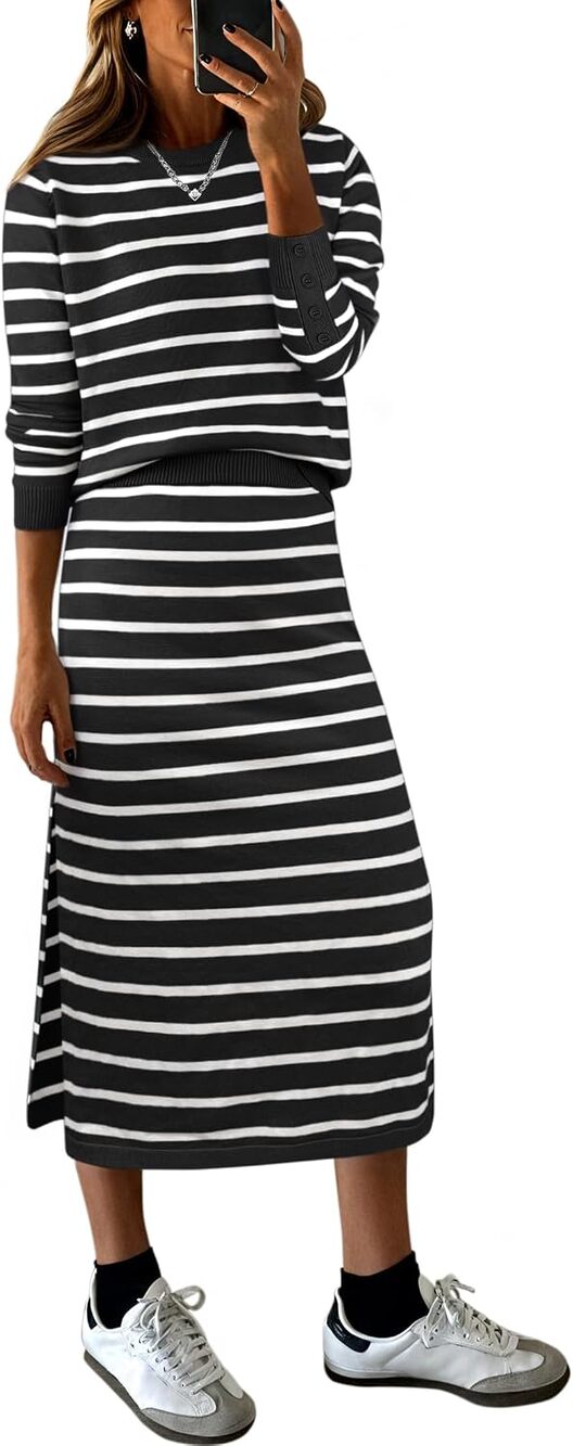NWT ANRABESS Striped Knit Sweater Midi Skirt 2 Piece Set Black White Size M